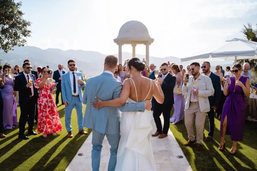 Three-course wedding dinner served with wine at a venue in Spain