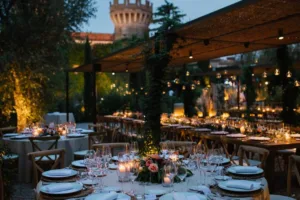 Wedding planner and couple touring an Andalusian finca venue near Marbella