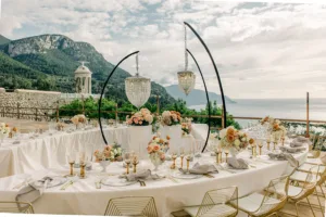 City hotel rooftop wedding venue in Barcelona set for an evening reception