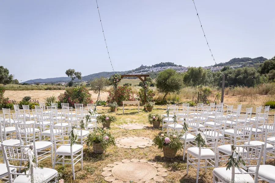 Whitewashed courtyard draped in fabric with pampas grass and seating