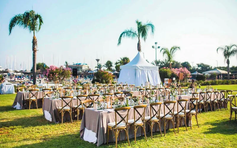 Ceremony seating on a lawn with palms and the coast behind